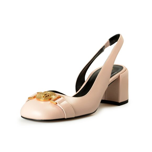 Versace Women's Soft Pink Leather Heeled Sling Back Sandals Shoes US 8 IT 38